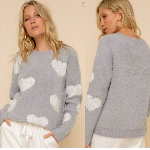 HEM & THREAD #6480 Gray hearts crew neck super soft stretchy oversized sweater-S - Picture 1 of 9
